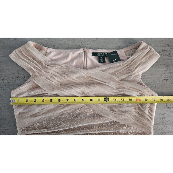 NWT Lauren Ralph Lauren Evening Dress  Gold Sequin Ruched Mesh Holiday Cocktail - Picture 9 of 9
